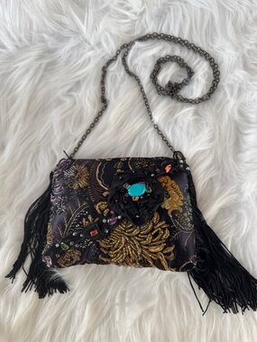 Mary Frances Black Embroidered Beaded Evening Bag with Chain Strap